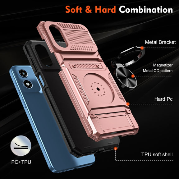 For Motorola Moto G Play 4G 2024 TPU+PC Shockproof Card Slot Phone Case with Metal Ring Holder(Rose Gold)
