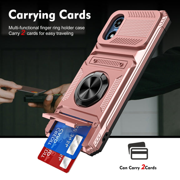 For Motorola Moto G Play 4G 2024 TPU+PC Shockproof Card Slot Phone Case with Metal Ring Holder(Rose Gold)