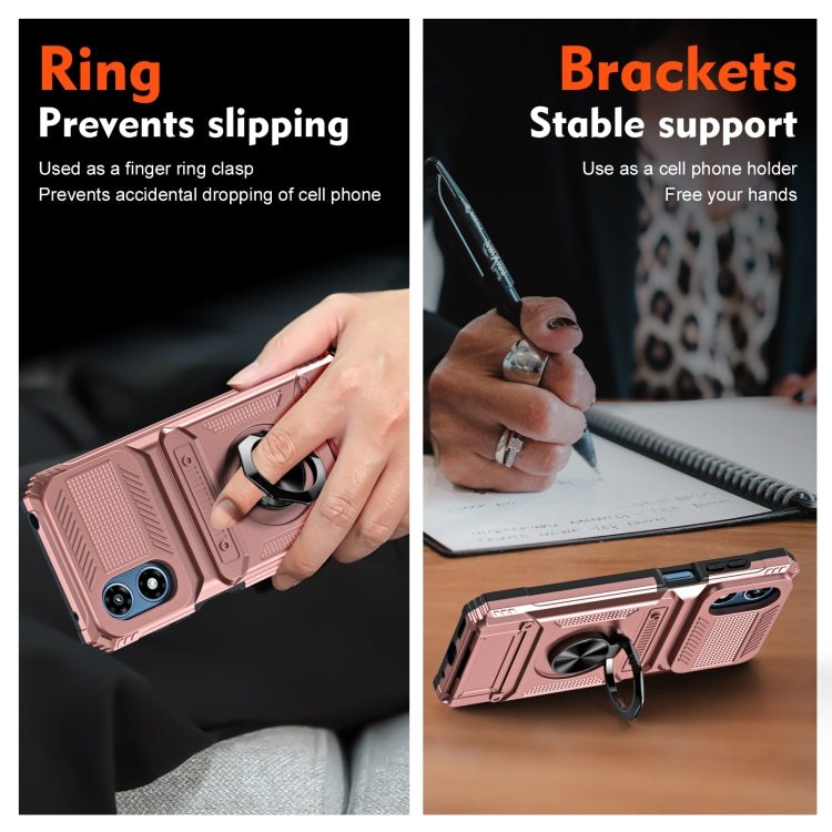 For Motorola Moto G Play 4G 2024 TPU+PC Shockproof Card Slot Phone Case with Metal Ring Holder(Rose Gold)