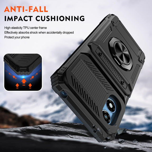 For Motorola Moto G Play 4G 2024 TPU+PC Shockproof Card Slot Phone Case with Metal Ring Holder(Black)