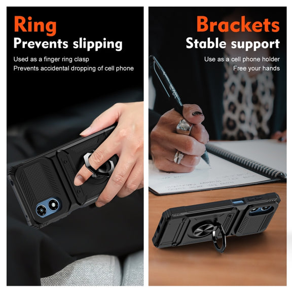 For Motorola Moto G Play 4G 2024 TPU+PC Shockproof Card Slot Phone Case with Metal Ring Holder(Black)