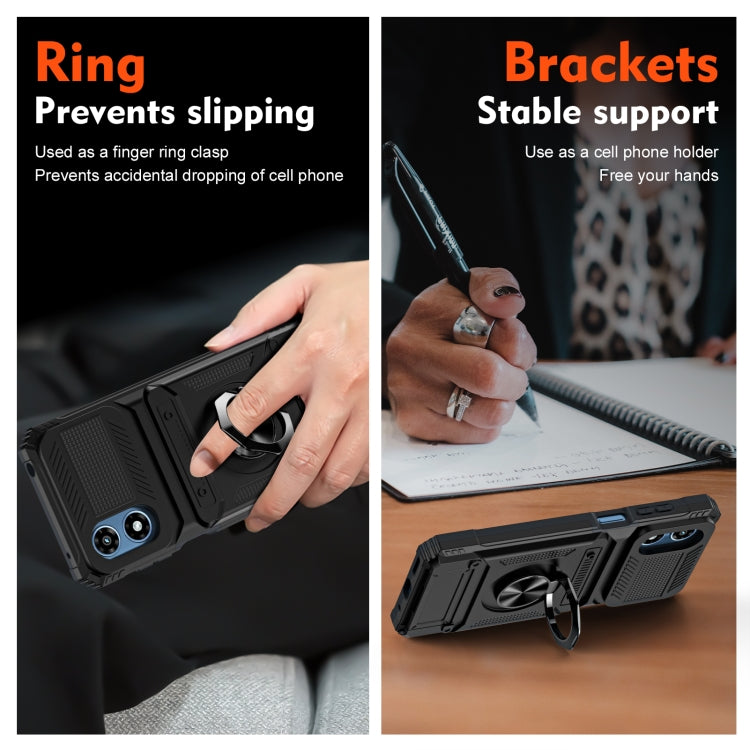 For Motorola Moto G Play 4G 2024 TPU+PC Shockproof Card Slot Phone Case with Metal Ring Holder(Black)