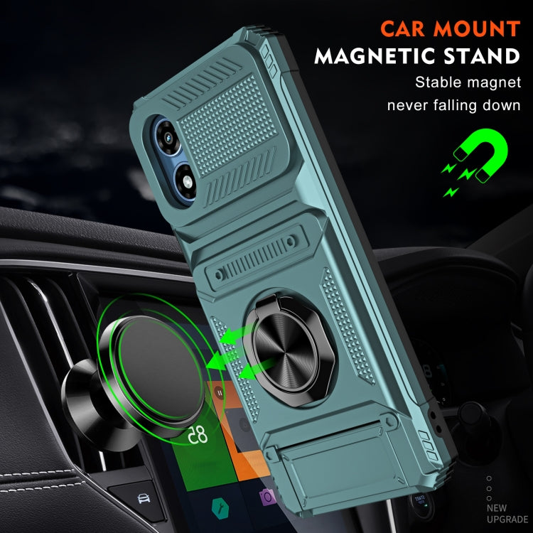 For Motorola Moto G Play 4G 2024 TPU+PC Shockproof Card Slot Phone Case with Metal Ring Holder(Green)