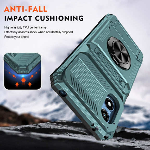 For Motorola Moto G Play 4G 2024 TPU+PC Shockproof Card Slot Phone Case with Metal Ring Holder(Green)