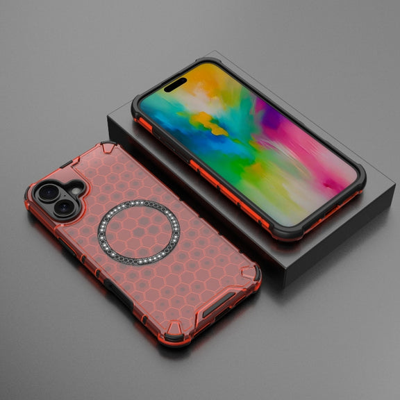 For iPhone 16 Plus Honeycomb Magnetic Ring Shockproof Phone Case(Red)