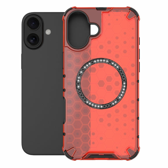 For iPhone 16 Plus Honeycomb Magnetic Ring Shockproof Phone Case(Red)