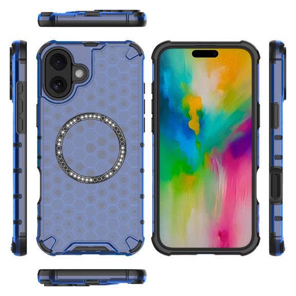 For iPhone 16 Plus Honeycomb Magnetic Ring Shockproof Phone Case(Blue)