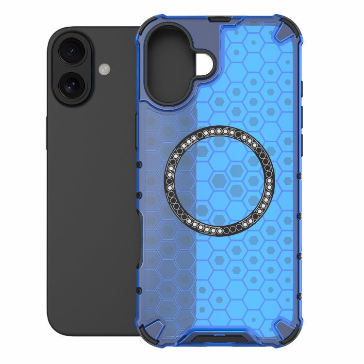 For iPhone 16 Plus Honeycomb Magnetic Ring Shockproof Phone Case(Blue)