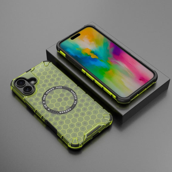 For iPhone 16 Plus Honeycomb Magnetic Ring Shockproof Phone Case(Green)