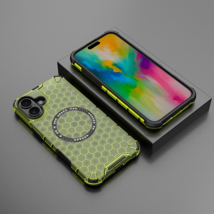 For iPhone 16 Plus Honeycomb Magnetic Ring Shockproof Phone Case(Green)