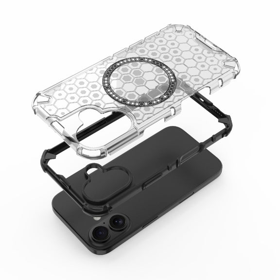 For iPhone 16 Honeycomb Magnetic Ring Shockproof Phone Case(Red)