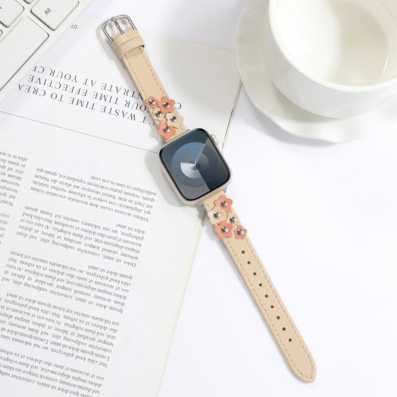 For Apple Watch Ultra 2 49mm Stitched Flower Leather Watch Band(Khaki)