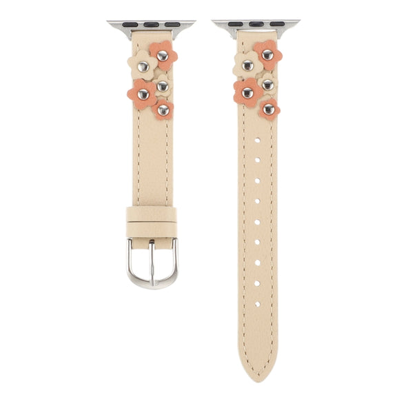 For Apple Watch Ultra 2 49mm Stitched Flower Leather Watch Band(Khaki)