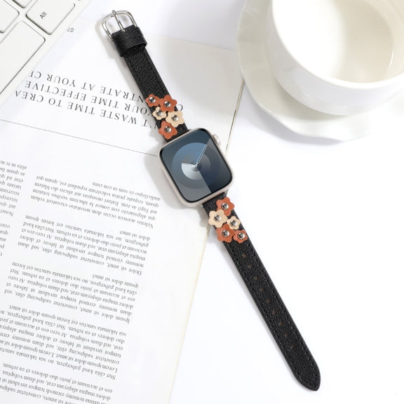 For Apple Watch Ultra 2 49mm Stitched Flower Leather Watch Band(Black)