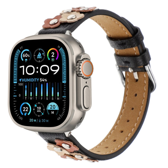 For Apple Watch Ultra 2 49mm Stitched Flower Leather Watch Band(Black)