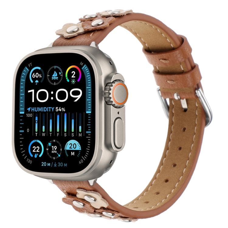 For Apple Watch Ultra 49mm Stitched Flower Leather Watch Band(Brown) - Watch Bands by PMC TechLife | Online Shopping South Africa | PMC TechLife | Buy Now Pay Later Mobicred