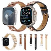 For Apple Watch Ultra 49mm Stitched Flower Leather Watch Band(Khaki)