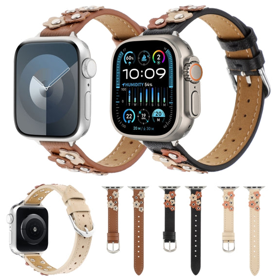 For Apple Watch Ultra 49mm Stitched Flower Leather Watch Band(Khaki)