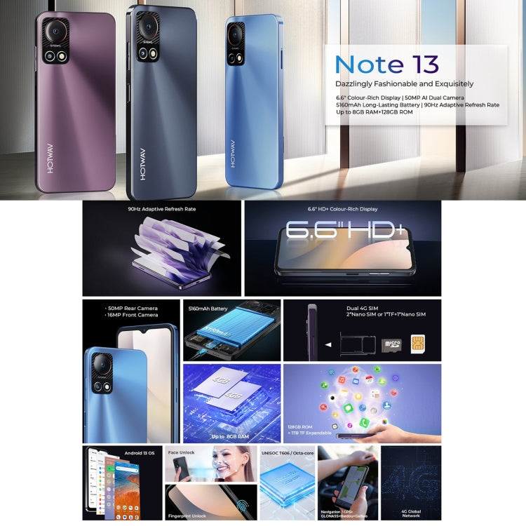 HOTWAV Note 13, 4GB+128GB, Side Fingerprint Identification, 6.6 inch Android 13 T606 Octa Core up to 1.6GHz, Network: 4G, NFC, OTG(Violet) - free shipping - PMC TechLife - Order now!