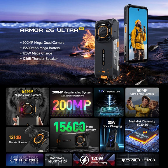 Ulefone Armor 26 Ultra Rugged Phone, 12GB+512GB, 6.78 inch Android 13 MediaTek Dimensity 8020 Octa Core, Network: 5G, NFC(Black)