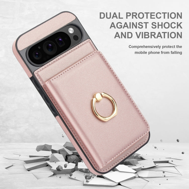 For Google Pixel 9 Pro XL RFID Anti-theft Card Ring Holder Phone Case(Rose Gold)
