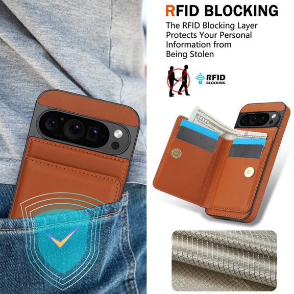 For Google Pixel 9 Pro XL RFID Anti-theft Card Ring Holder Phone Case(Brown)