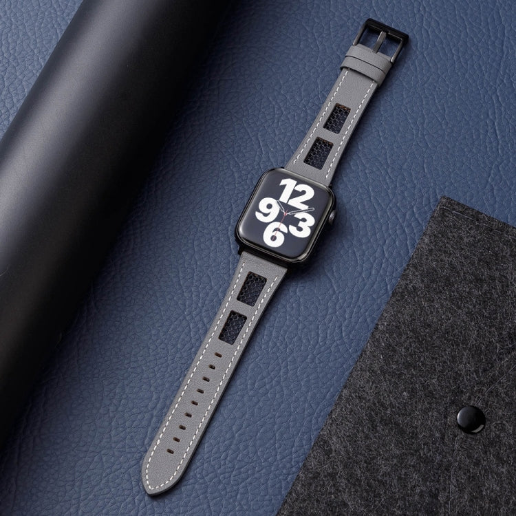 For Apple Watch Ultra 2 49mm Mesh Calfskin Genuine Leather Watch Band(Grey)
