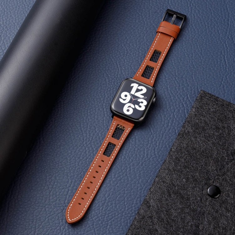 For Apple Watch Ultra 2 49mm Mesh Calfskin Genuine Leather Watch Band(Dark Brown)