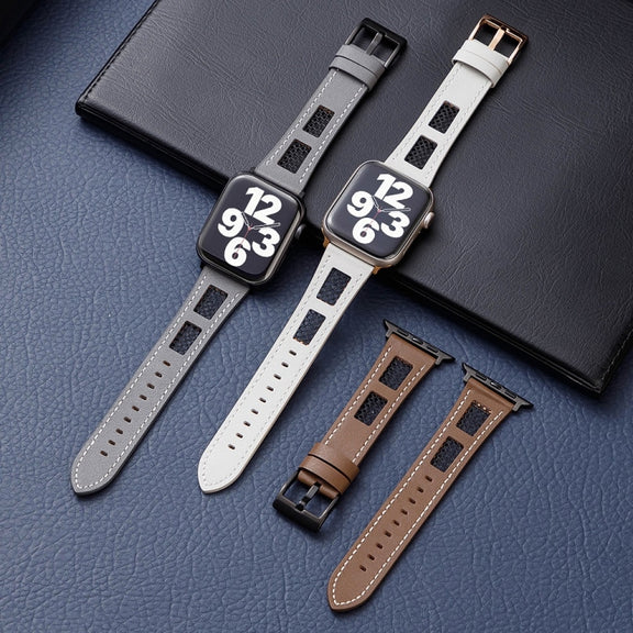 For Apple Watch Ultra 2 49mm Mesh Calfskin Genuine Leather Watch Band(Grey)