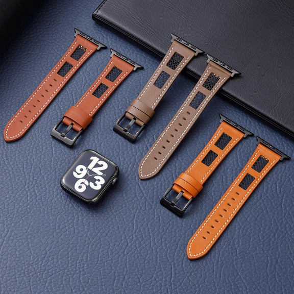 For Apple Watch Ultra 2 49mm Mesh Calfskin Genuine Leather Watch Band(Coffee)