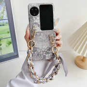 For OPPO Find N3 Flip Embroidery Style DIY Full Coverage Phone Case with Scarf / Bracelet(Grey)