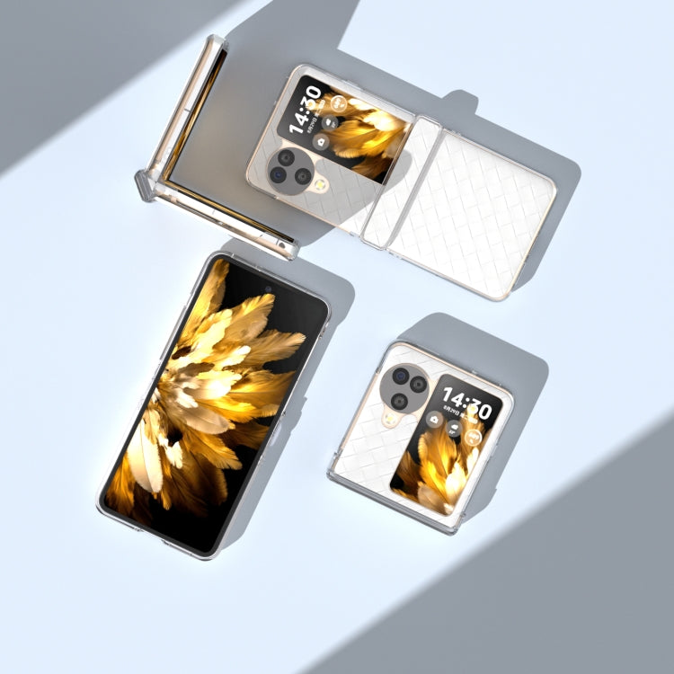 For OPPO Find N3 Flip 3 in 1 Woven Texture Transparent Frame PU Phone Case(White) - free shipping - PMC TechLife - Order now!