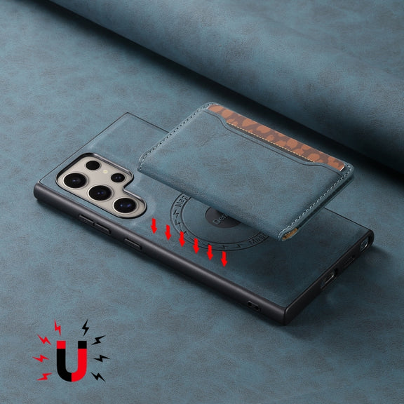 For Samsung Galaxy S24 Ultra 5G Denior D13 Retro Texture Leather MagSafe Card Bag Phone Case(Blue)
