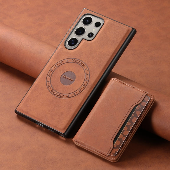 For Samsung Galaxy S24 Ultra 5G Denior D13 Retro Texture Leather MagSafe Card Bag Phone Case(Brown)