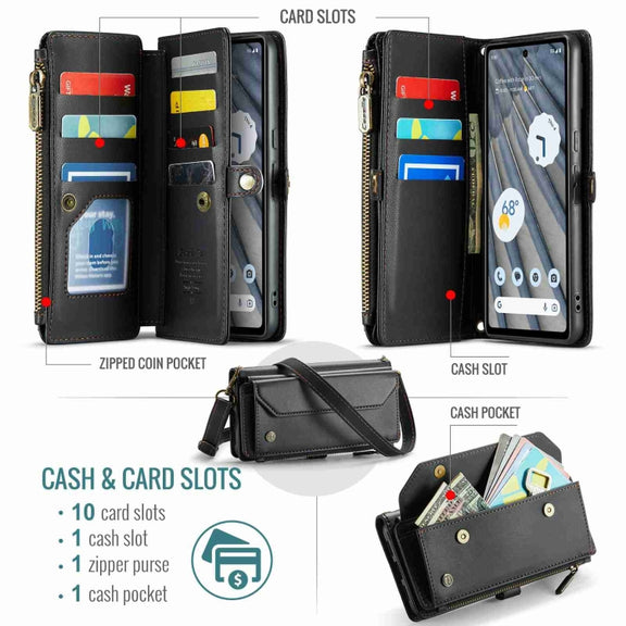 For Google Pixel 7a CaseMe C36 Card Slots Zipper Wallet RFID Anti-theft Leather Phone Case(Black)