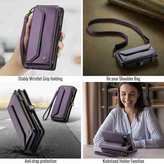 For Google Pixel 7a CaseMe C36 Card Slots Zipper Wallet RFID Anti-theft Leather Phone Case(Purple)