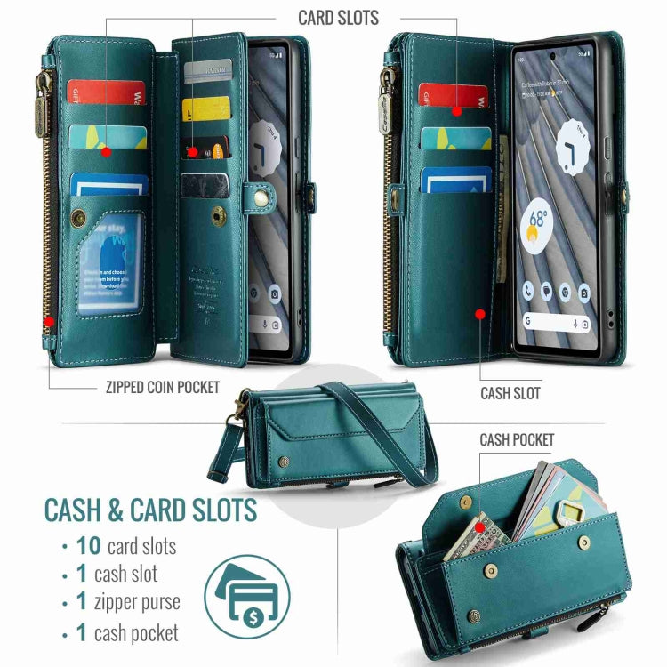 For Google Pixel 7a CaseMe C36 Card Slots Zipper Wallet RFID Anti-theft Leather Phone Case(Blue-green)