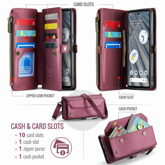 For Google Pixel 7a CaseMe C36 Card Slots Zipper Wallet RFID Anti-theft Leather Phone Case(Wine Red)