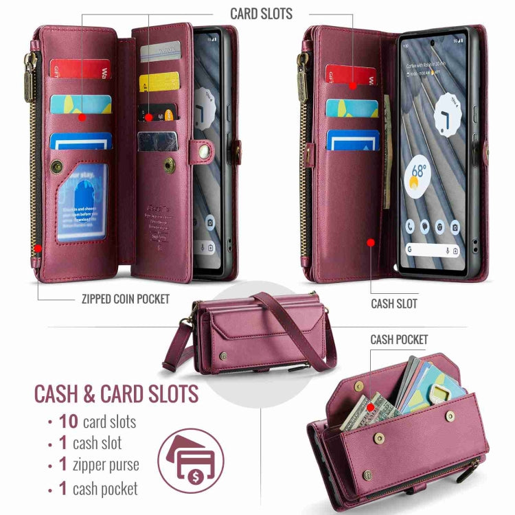 For Google Pixel 7a CaseMe C36 Card Slots Zipper Wallet RFID Anti-theft Leather Phone Case(Wine Red)