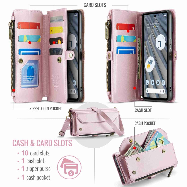 For Google Pixel 7a CaseMe C36 Card Slots Zipper Wallet RFID Anti-theft Leather Phone Case(Pink)