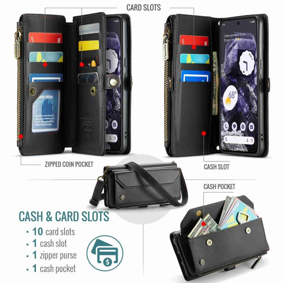 For Google Pixel 8 CaseMe C36 Card Slots Zipper Wallet RFID Anti-theft Leather Phone Case(Black)