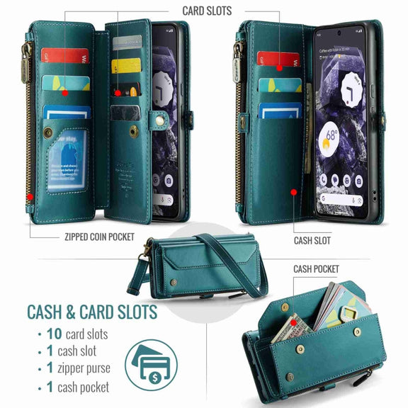 For Google Pixel 8 CaseMe C36 Card Slots Zipper Wallet RFID Anti-theft Leather Phone Case(Blue-green)
