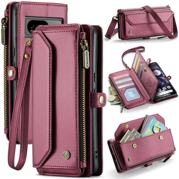 For Google Pixel 8 CaseMe C36 Card Slots Zipper Wallet RFID Anti-theft Leather Phone Case(Wine Red)