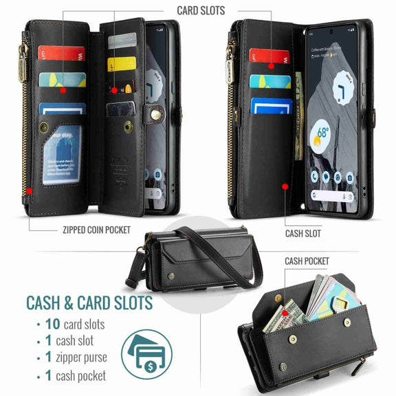 For Google Pixel 8 Pro CaseMe C36 Card Slots Zipper Wallet RFID Anti-theft Leather Phone Case(Black)