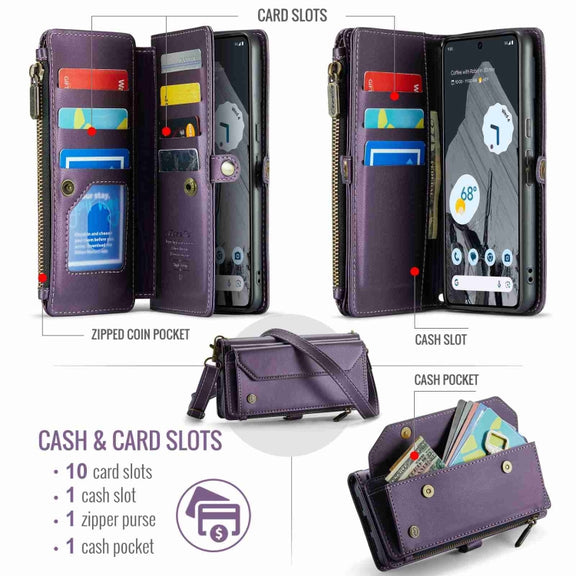 For Google Pixel 8 Pro CaseMe C36 Card Slots Zipper Wallet RFID Anti-theft Leather Phone Case(Purple)