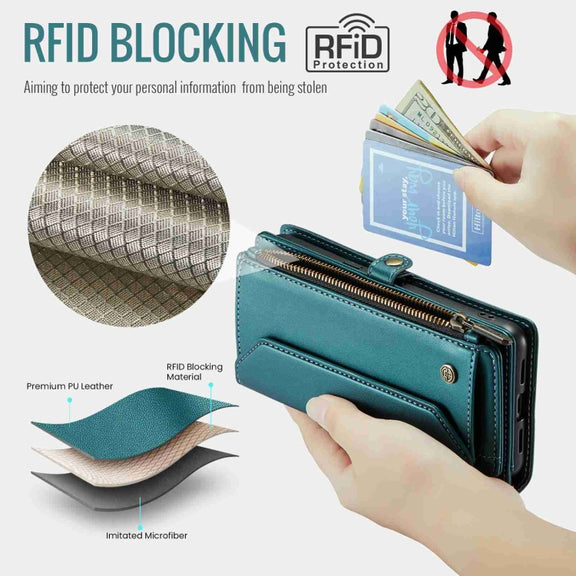 For Google Pixel 8 Pro CaseMe C36 Card Slots Zipper Wallet RFID Anti-theft Leather Phone Case(Blue-green)