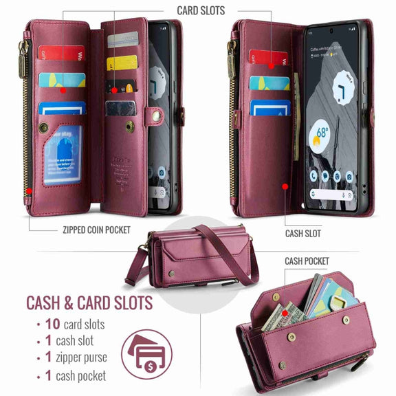 For Google Pixel 8 Pro CaseMe C36 Card Slots Zipper Wallet RFID Anti-theft Leather Phone Case(Wine Red)