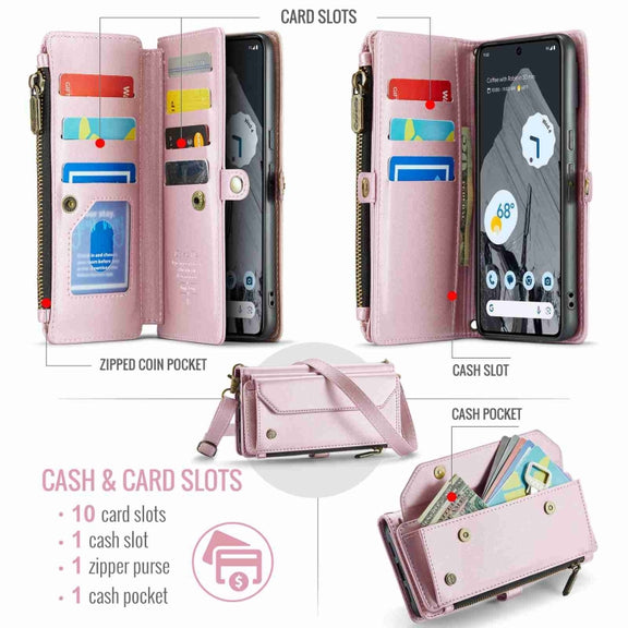 For Google Pixel 8 Pro CaseMe C36 Card Slots Zipper Wallet RFID Anti-theft Leather Phone Case(Pink)