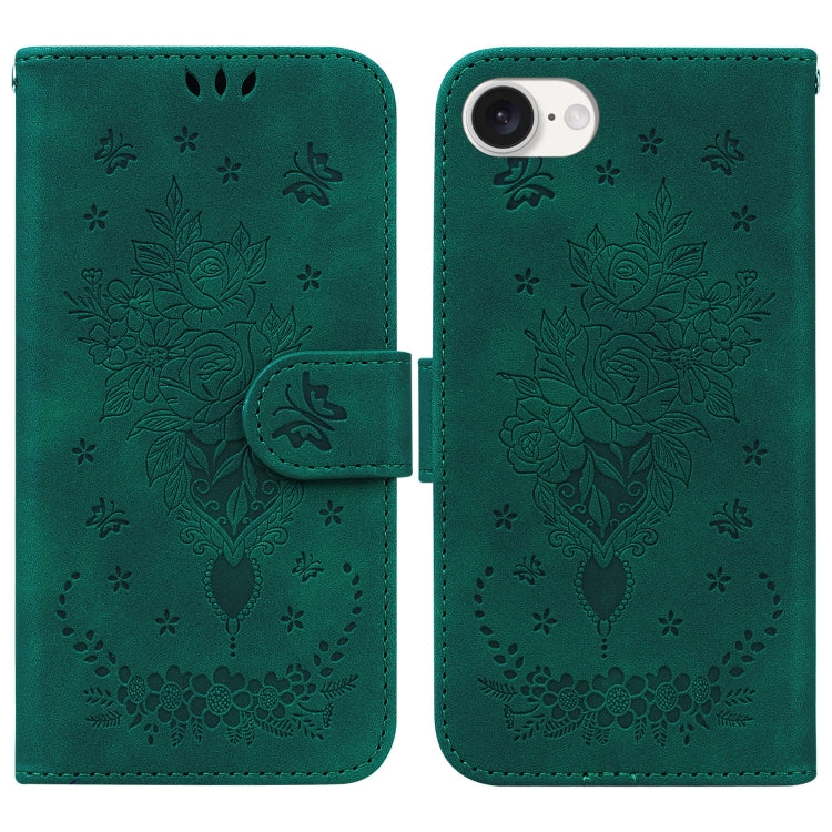 For iPhone 16e Butterfly Rose Embossed Leather Phone Case(Green) - iPhone 16e Cases by PMC TechLife | Online Shopping South Africa | PMC TechLife | Buy Now Pay Later Mobicred