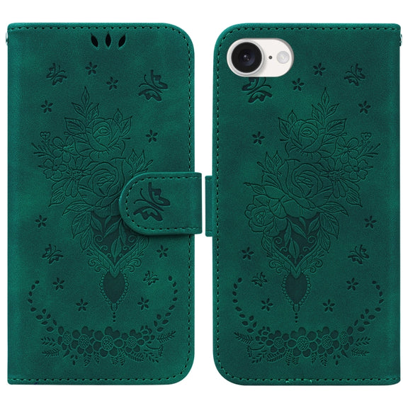 For iPhone 16e Butterfly Rose Embossed Leather Phone Case(Green)